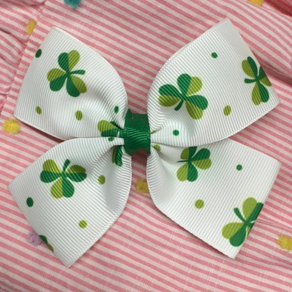 St. Patrick’s Day Green and White Clover Hair Bow